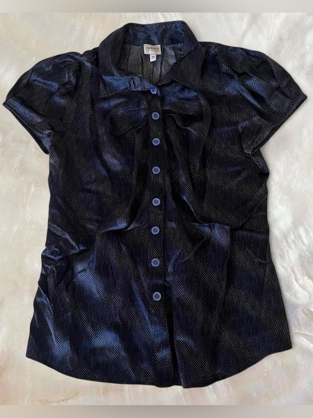 armani collezioni 100% silk navy button up ruffle blouse
